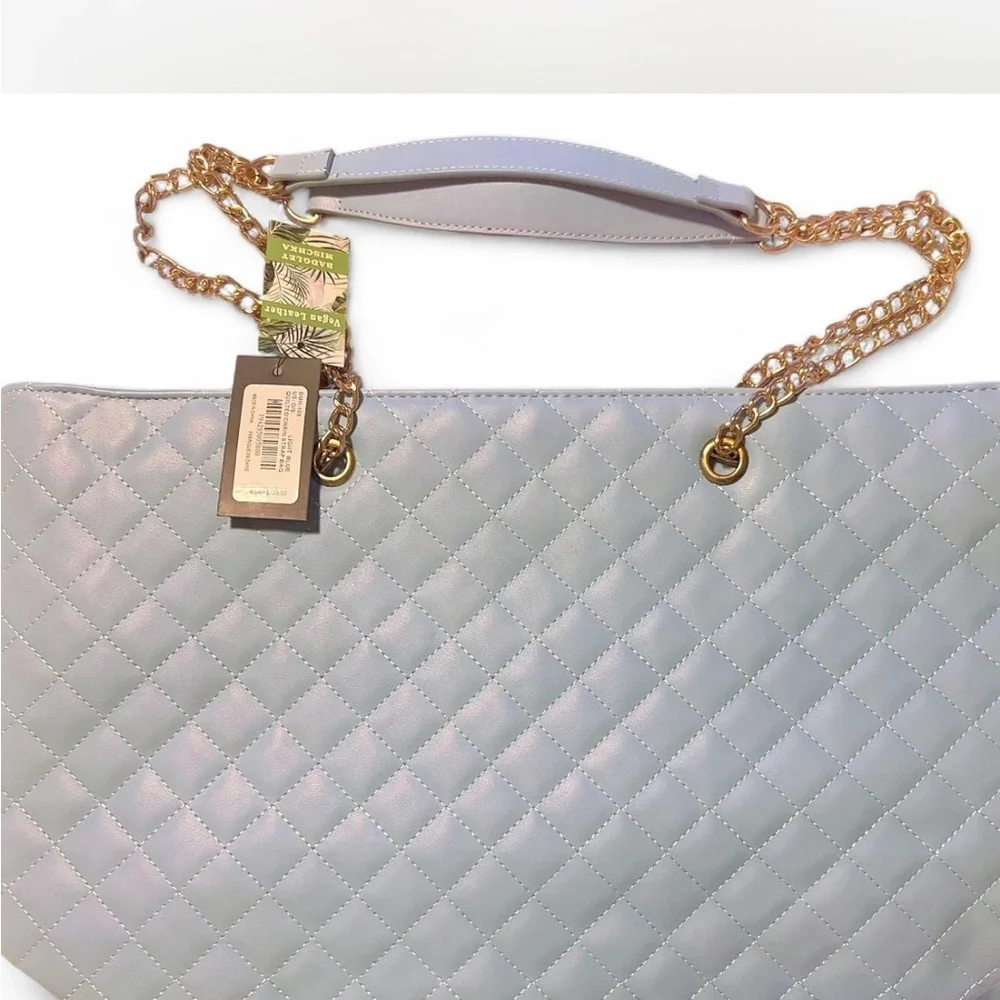 Badgley Mischka Quilted Tote in Blue with Gold Chains